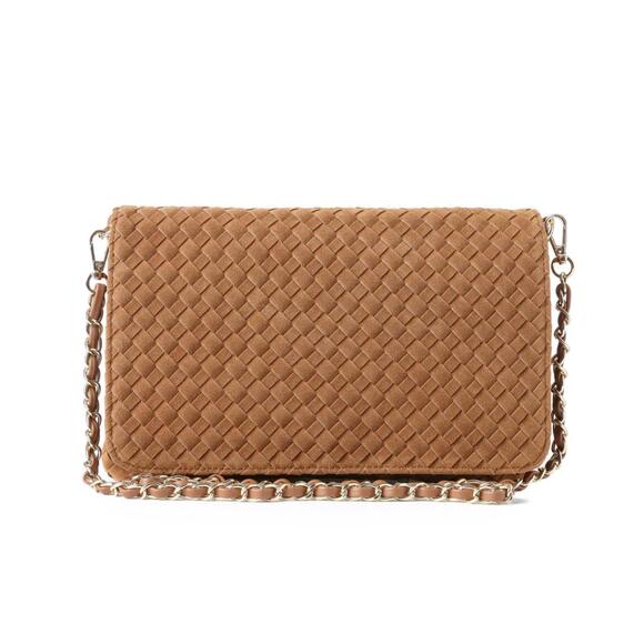 NEW HAUTE SHORE women's lexi woven suede crossbody bag in saddle - Picture 2 of 7